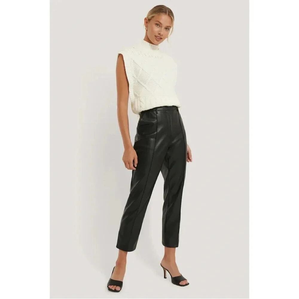 NA-KD Vegan Faux Leather PU High Rise Cropped Pants in Black Size EU 36 | US 6
